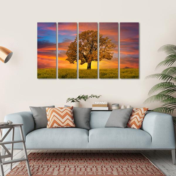 Wonderful Alone Tree In The Field With Clouds Canvas Wall Art-5 Horizontal-Gallery Wrap-22" x 12"-Tiaracle