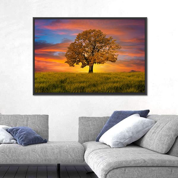 Wonderful Alone Tree In The Field With Clouds Canvas Wall Art-5 Horizontal-Gallery Wrap-22" x 12"-Tiaracle