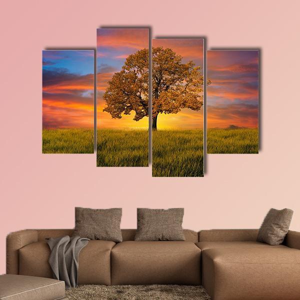 Wonderful Alone Tree In The Field With Clouds Canvas Wall Art-4 Pop-Gallery Wrap-50" x 32"-Tiaracle