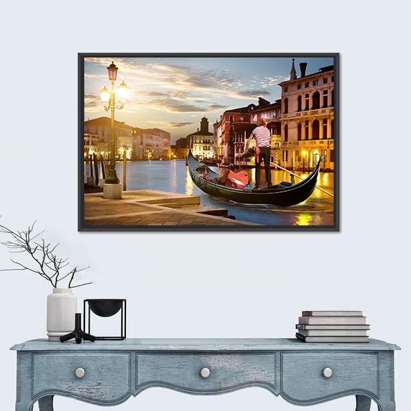 Wonderful Grand Canal In Sunset Time Canvas Wall Art-1 Piece-Floating Frame-24" x 16"-Tiaracle