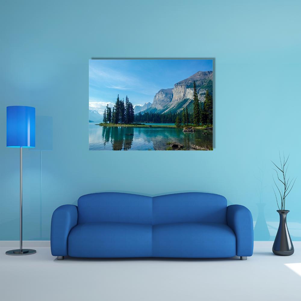 Spirit Island on Maligne Lake Canvas Wall Art in gray, green and blue, single panel hung on a wall