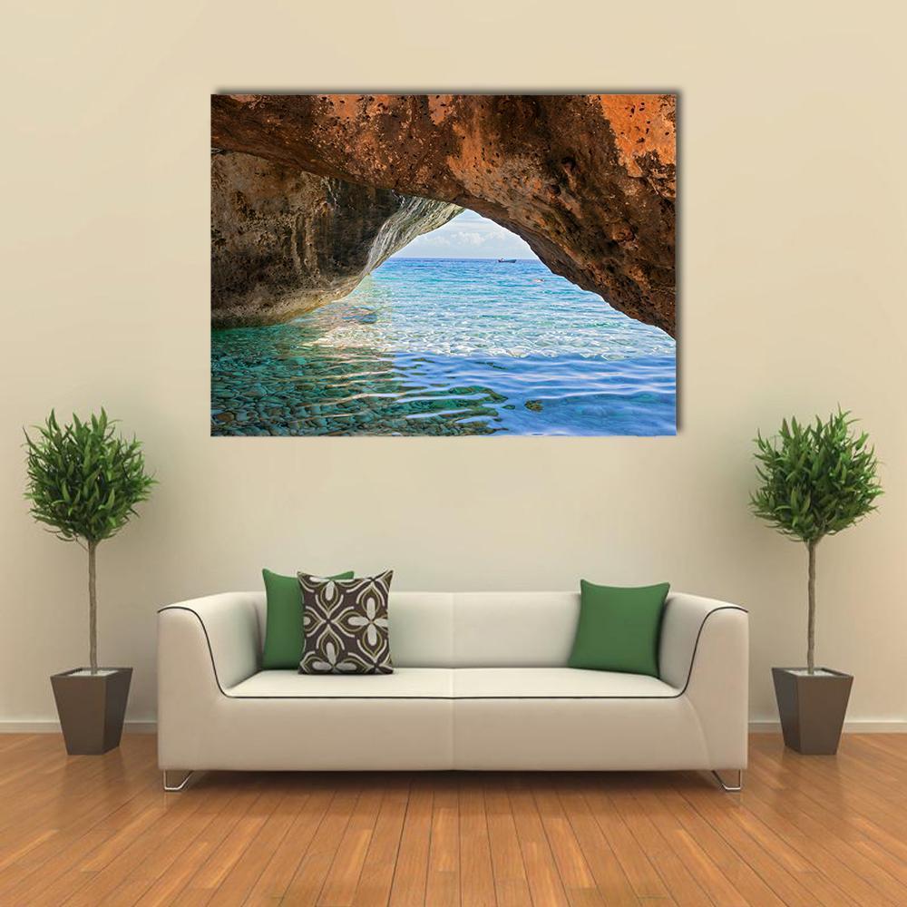 Tranquil Bay View in Greece Canvas Wall Art in beige, brown and blue, single panel hung on a wall