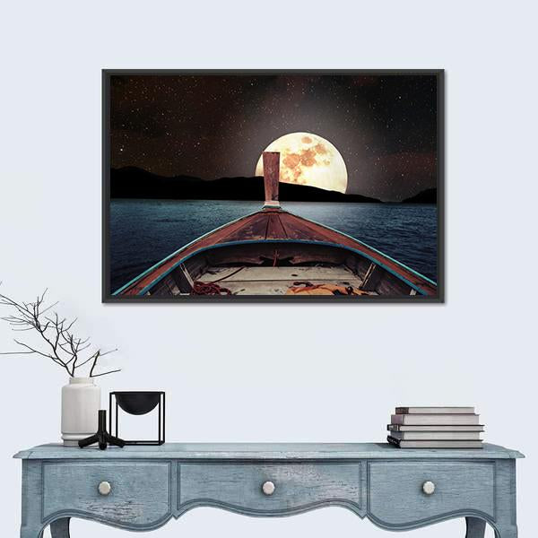 Wooden Boat At Night Canvas Wall Art-1 Piece-Floating Frame-24" x 16"-Tiaracle