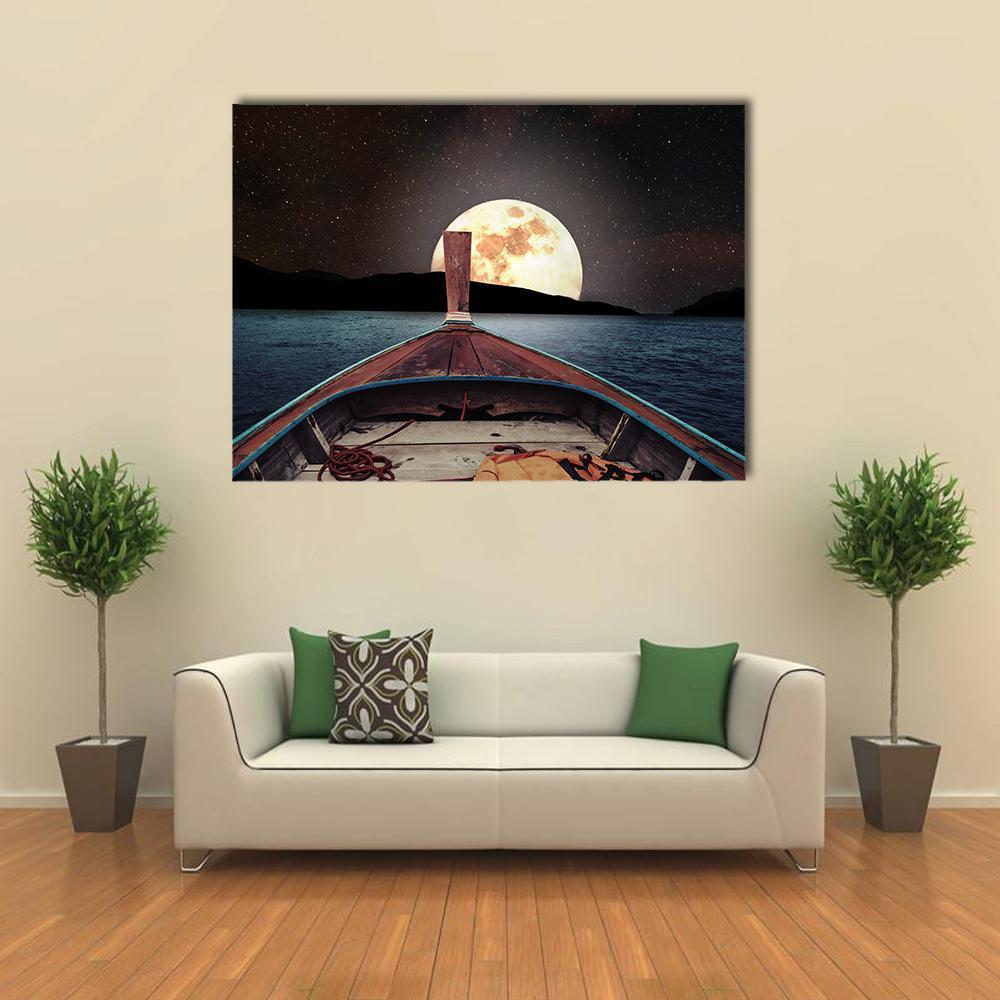 Wooden Boat At Night Canvas Wall Art-5 Horizontal-Gallery Wrap-22" x 12"-Tiaracle