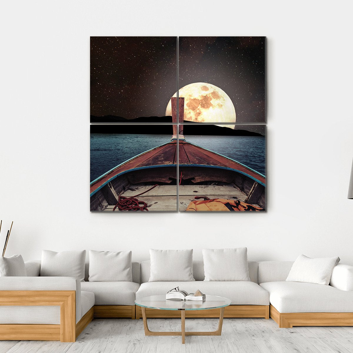 Wooden Boat At Night Canvas Wall Art-4 Square-Gallery Wrap-17" x 17"-Tiaracle