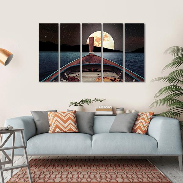 Wooden Boat At Night Canvas Wall Art-5 Horizontal-Gallery Wrap-22" x 12"-Tiaracle