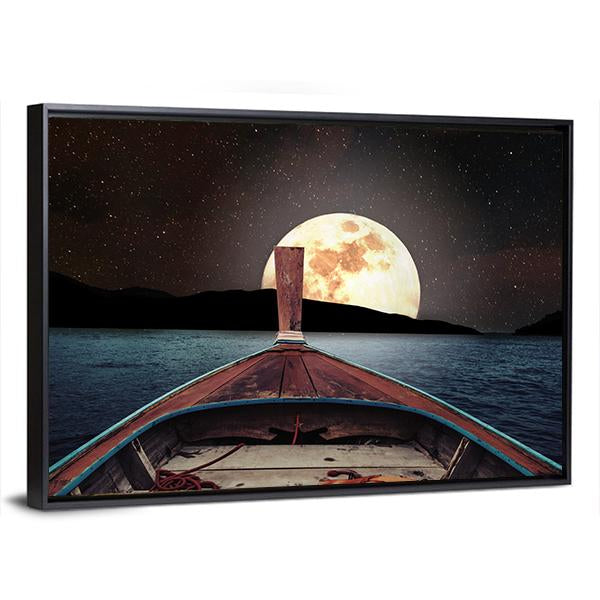Wooden Boat At Night Canvas Wall Art-3 Horizontal-Gallery Wrap-25" x 16"-Tiaracle