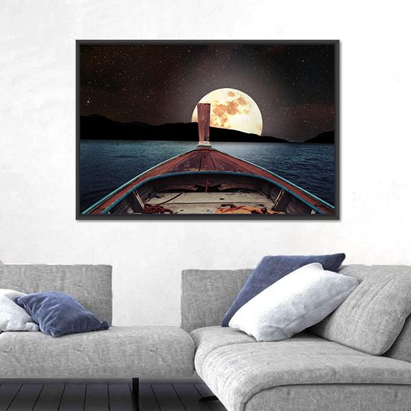 Wooden Boat At Night Canvas Wall Art-3 Horizontal-Gallery Wrap-25" x 16"-Tiaracle