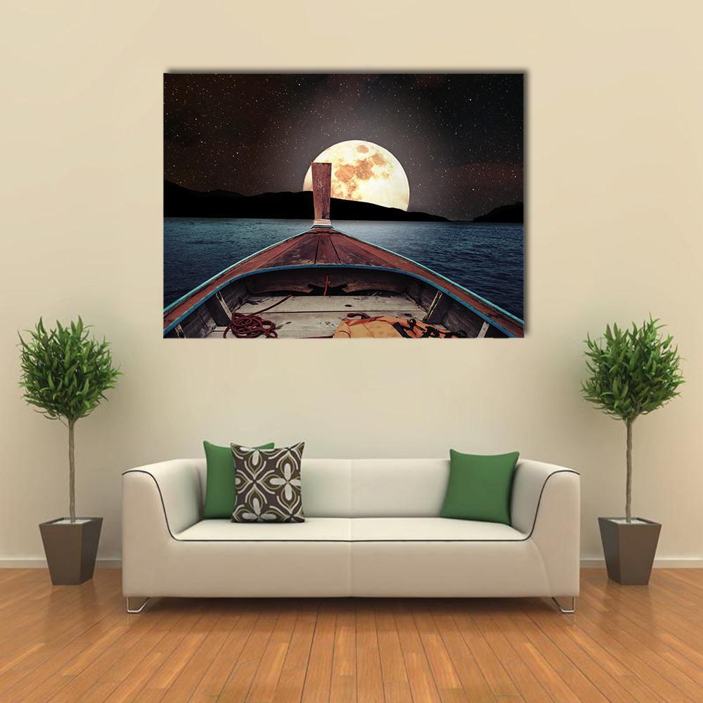 Wooden Boat at Night Canvas Wall Art in black, brown and blue, single panel hung on a wall