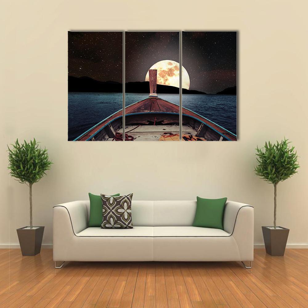 Wooden Boat At Night Canvas Wall Art-3 Horizontal-Gallery Wrap-37" x 24"-Tiaracle