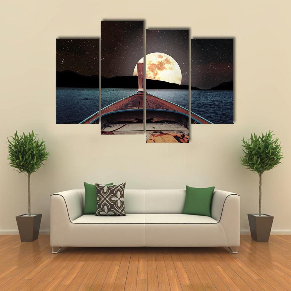 Wooden Boat At Night Canvas Wall Art-4 Pop-Gallery Wrap-50" x 32"-Tiaracle