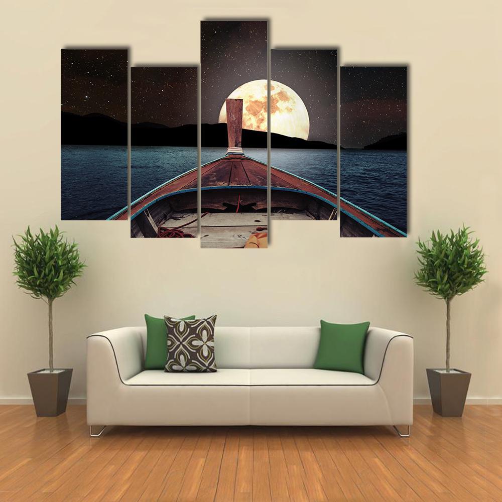 Wooden Boat At Night Canvas Wall Art-5 Pop-Gallery Wrap-47" x 32"-Tiaracle