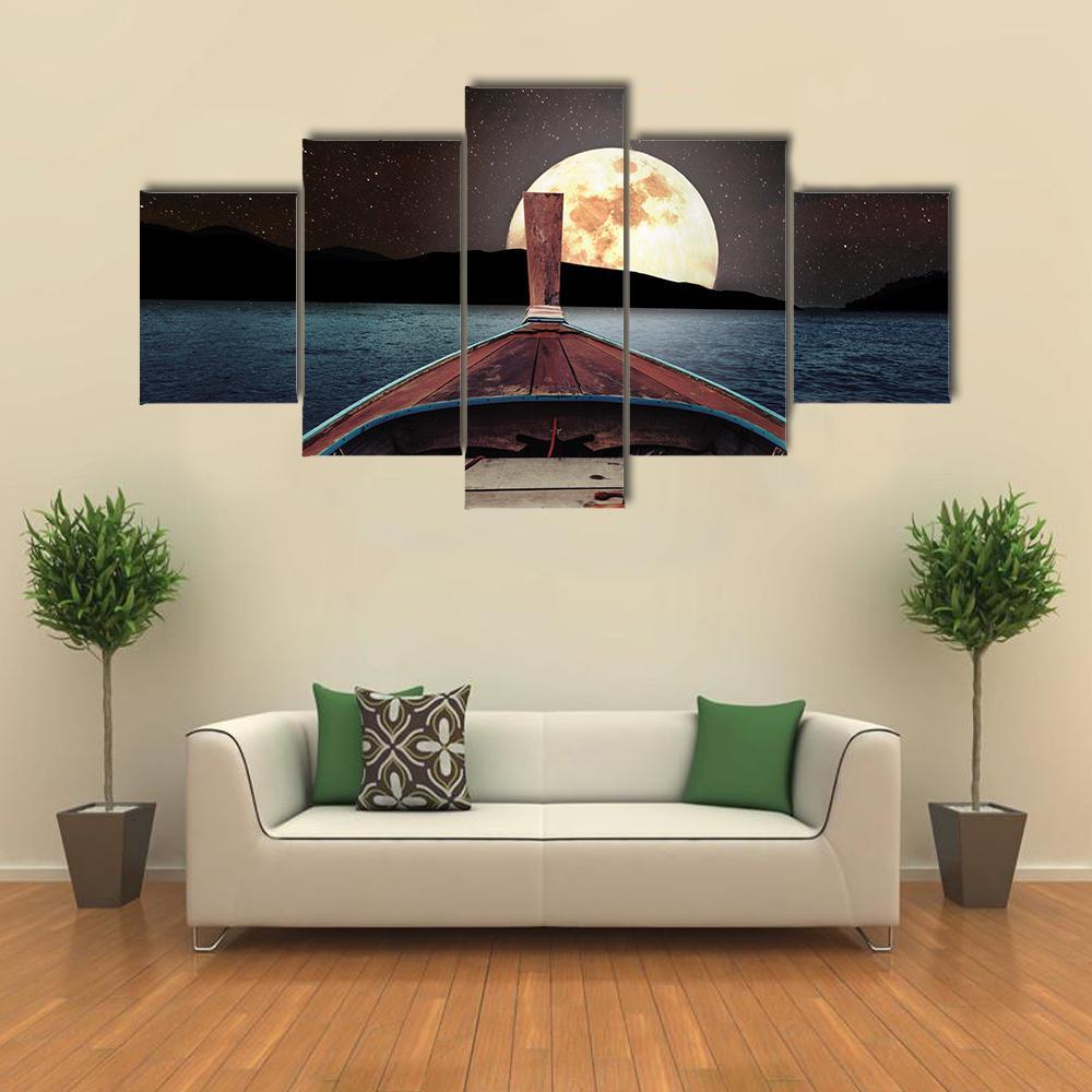 Wooden Boat At Night Canvas Wall Art-5 Pop-Gallery Wrap-47" x 32"-Tiaracle