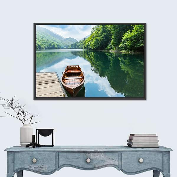 Wooden Boat At Pier On Mountain Lake Canvas Wall Art-1 Piece-Floating Frame-24" x 16"-Tiaracle