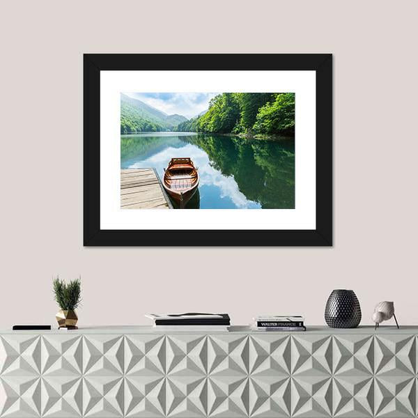 Wooden Boat At Pier On Mountain Lake Canvas Wall Art-1 Piece-Framed Print-20" x 16"-Tiaracle