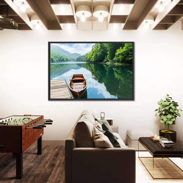 Wooden Boat At Pier On Mountain Lake Canvas Wall Art-5 Horizontal-Gallery Wrap-22" x 12"-Tiaracle
