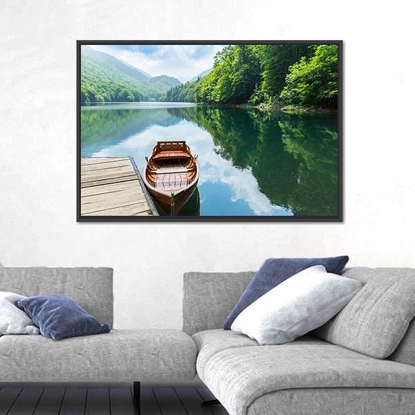 Wooden Boat At Pier On Mountain Lake Canvas Wall Art-5 Horizontal-Gallery Wrap-22" x 12"-Tiaracle