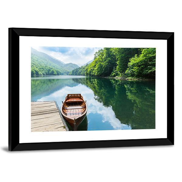 Wooden Boat At Pier On Mountain Lake Canvas Wall Art-5 Horizontal-Gallery Wrap-22" x 12"-Tiaracle