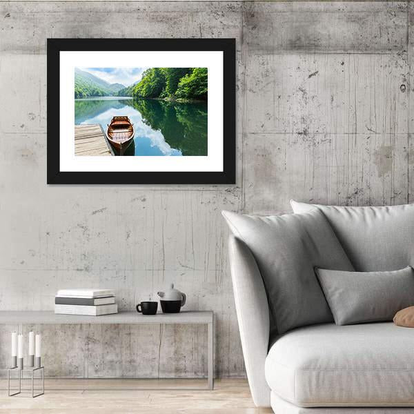 Wooden Boat At Pier On Mountain Lake Canvas Wall Art-3 Horizontal-Gallery Wrap-25" x 16"-Tiaracle