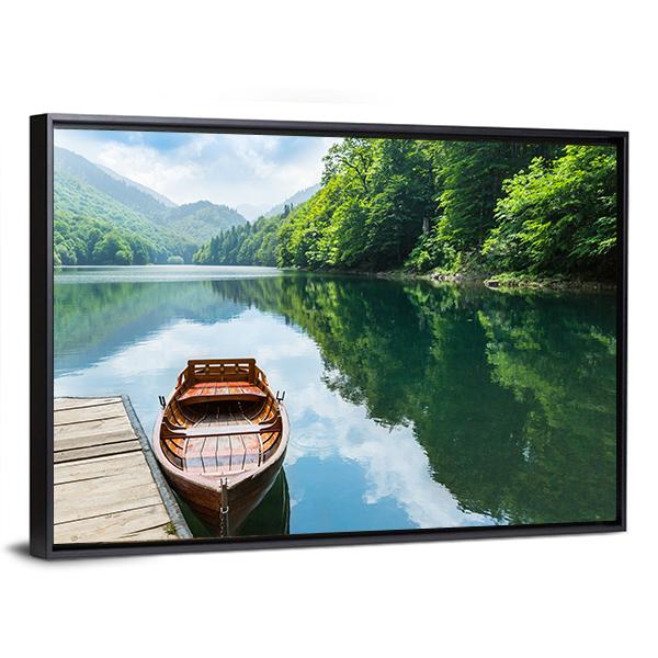 Wooden Boat At Pier On Mountain Lake Canvas Wall Art-5 Horizontal-Gallery Wrap-22" x 12"-Tiaracle