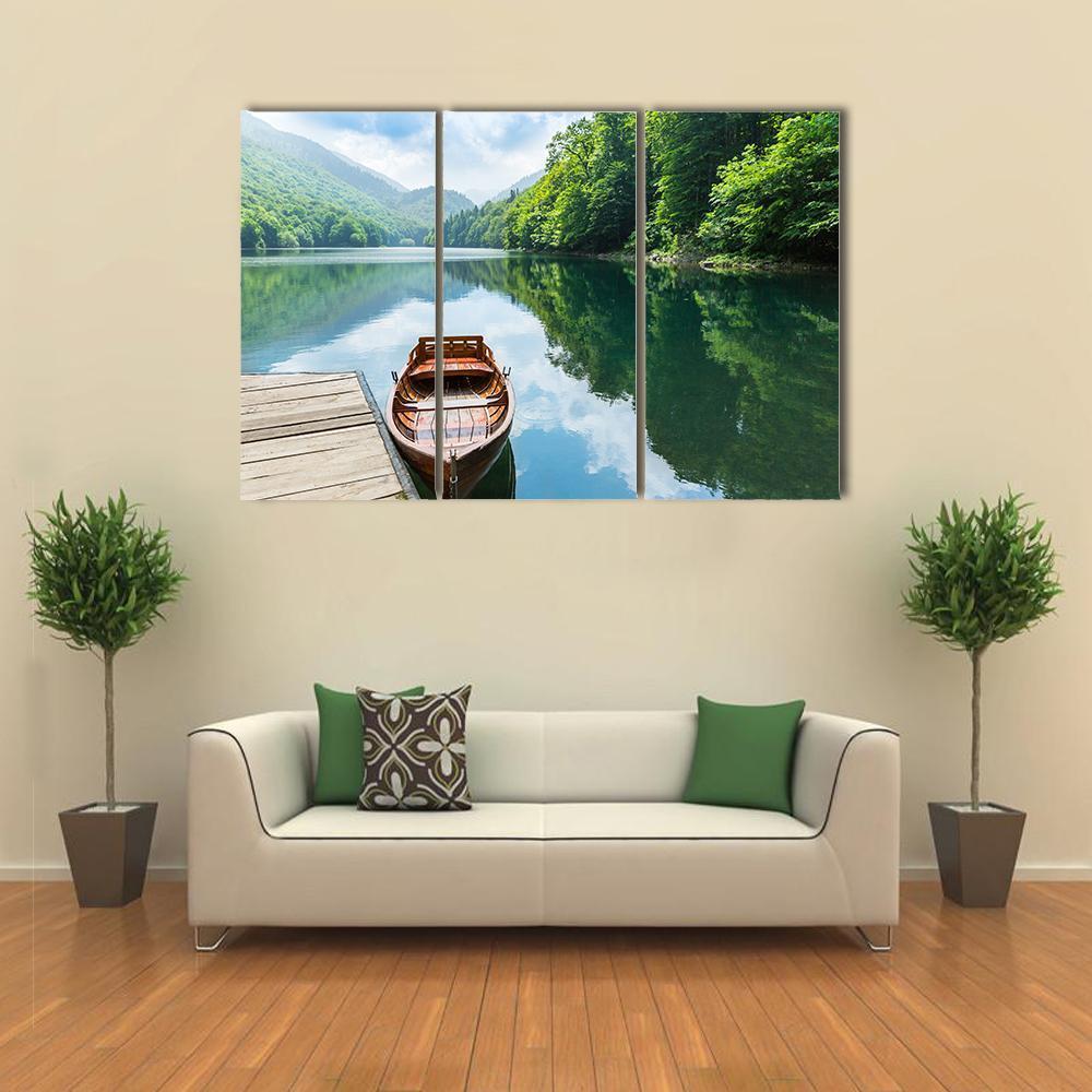 Wooden Boat At Pier On Mountain Lake Canvas Wall Art-3 Horizontal-Gallery Wrap-37" x 24"-Tiaracle