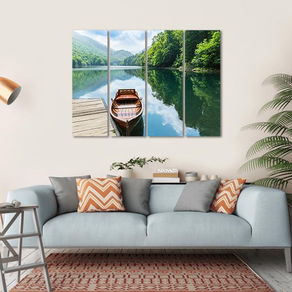 Wooden Boat At Pier On Mountain Lake Canvas Wall Art-4 Horizontal-Gallery Wrap-34" x 24"-Tiaracle