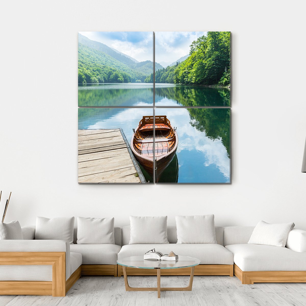 Wooden Boat At Pier On Mountain Lake Canvas Wall Art-4 Square-Gallery Wrap-17" x 17"-Tiaracle