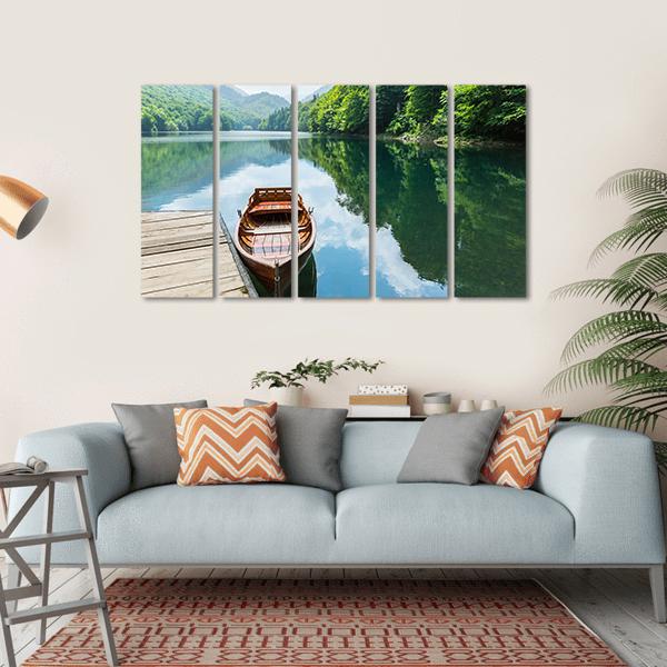 Wooden Boat At Pier On Mountain Lake Canvas Wall Art-5 Horizontal-Gallery Wrap-22" x 12"-Tiaracle