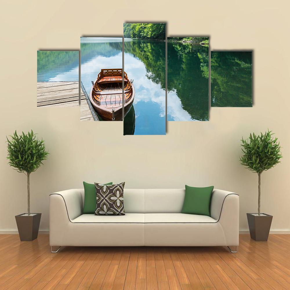 Wooden Boat At Pier On Mountain Lake Canvas Wall Art-5 Star-Gallery Wrap-62" x 32"-Tiaracle