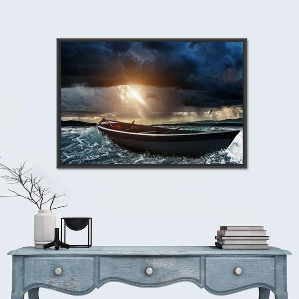 Wooden Boat In A Stormy Sea Canvas Wall Art-1 Piece-Floating Frame-24" x 16"-Tiaracle
