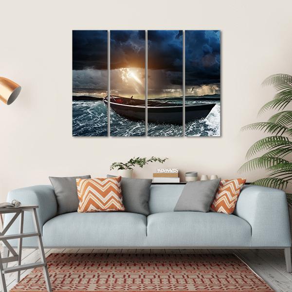 Wooden Boat In A Stormy Sea Canvas Wall Art-4 Horizontal-Gallery Wrap-34" x 24"-Tiaracle