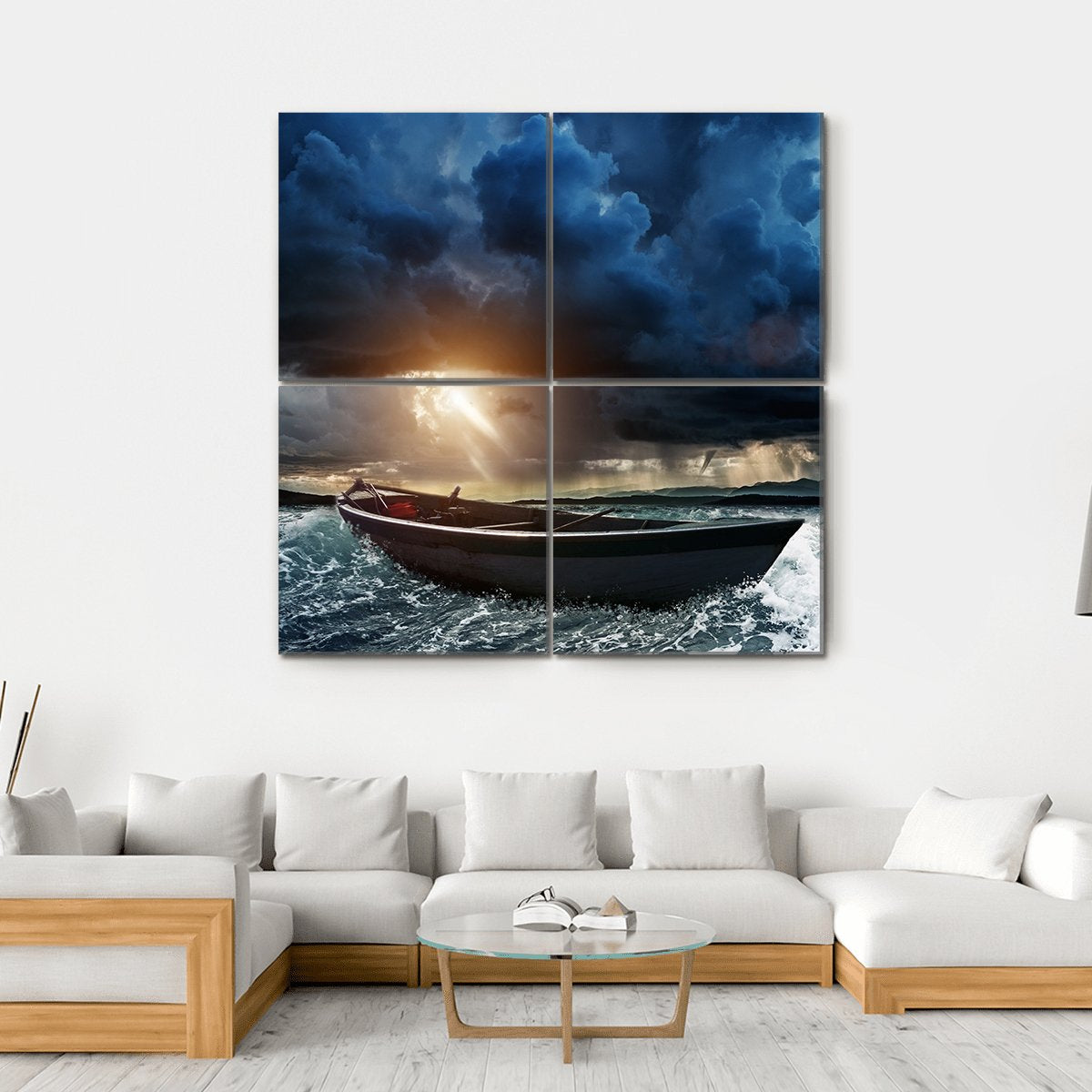 Wooden Boat In A Stormy Sea Canvas Wall Art-4 Square-Gallery Wrap-17" x 17"-Tiaracle