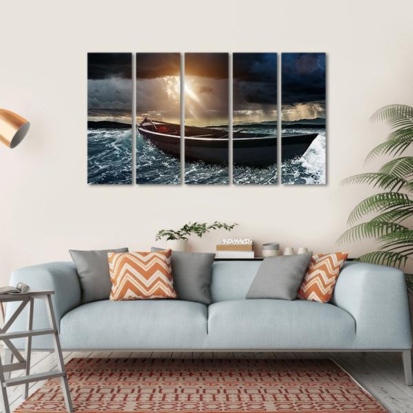 Wooden Boat In A Stormy Sea Canvas Wall Art-5 Horizontal-Gallery Wrap-22" x 12"-Tiaracle