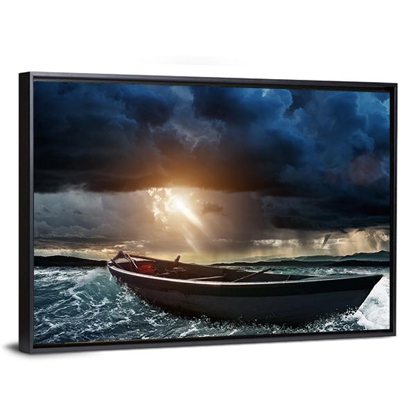 Wooden Boat In A Stormy Sea Canvas Wall Art-3 Horizontal-Gallery Wrap-25" x 16"-Tiaracle