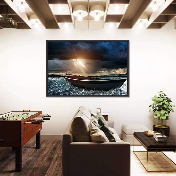 Wooden Boat In A Stormy Sea Canvas Wall Art-5 Horizontal-Gallery Wrap-22" x 12"-Tiaracle