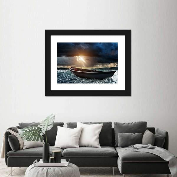 Wooden Boat In A Stormy Sea Canvas Wall Art-5 Horizontal-Gallery Wrap-22" x 12"-Tiaracle