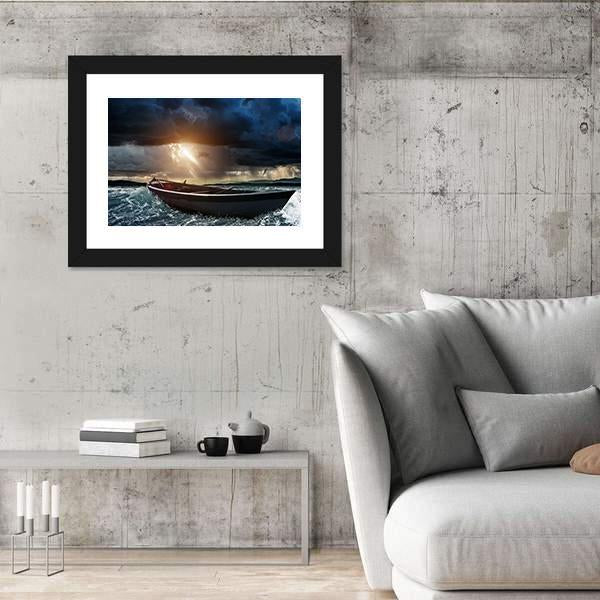 Wooden Boat In A Stormy Sea Canvas Wall Art-5 Horizontal-Gallery Wrap-22" x 12"-Tiaracle