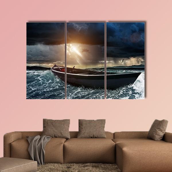 Wooden Boat In A Stormy Sea Canvas Wall Art-3 Horizontal-Gallery Wrap-25" x 16"-Tiaracle