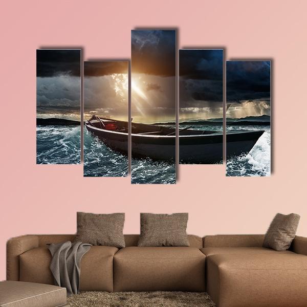 Wooden Boat In A Stormy Sea Canvas Wall Art-5 Pop-Gallery Wrap-47" x 32"-Tiaracle