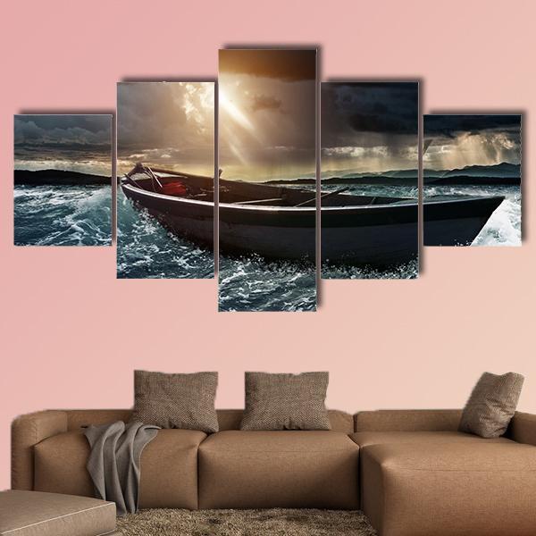 Wooden Boat In A Stormy Sea Canvas Wall Art-5 Star-Gallery Wrap-62" x 32"-Tiaracle