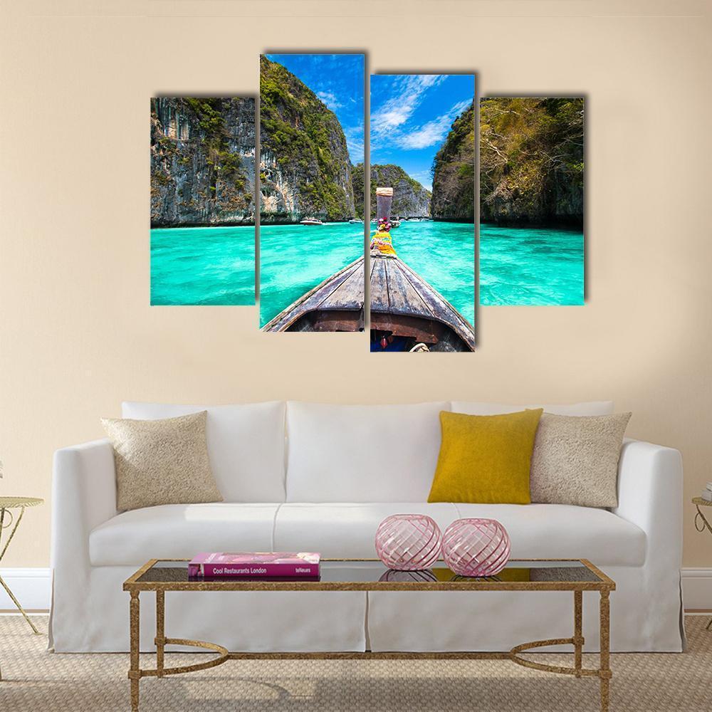 Wooden Boat on Koh Phi Phi Island Canvas Wall Art-4 Pop-Gallery Wrap-50&quot; x 32&quot;-Tiaracle