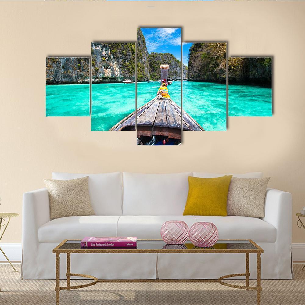 Wooden Boat on Koh Phi Phi Island Canvas Wall Art-5 Star-Gallery Wrap-62" x 32"-Tiaracle