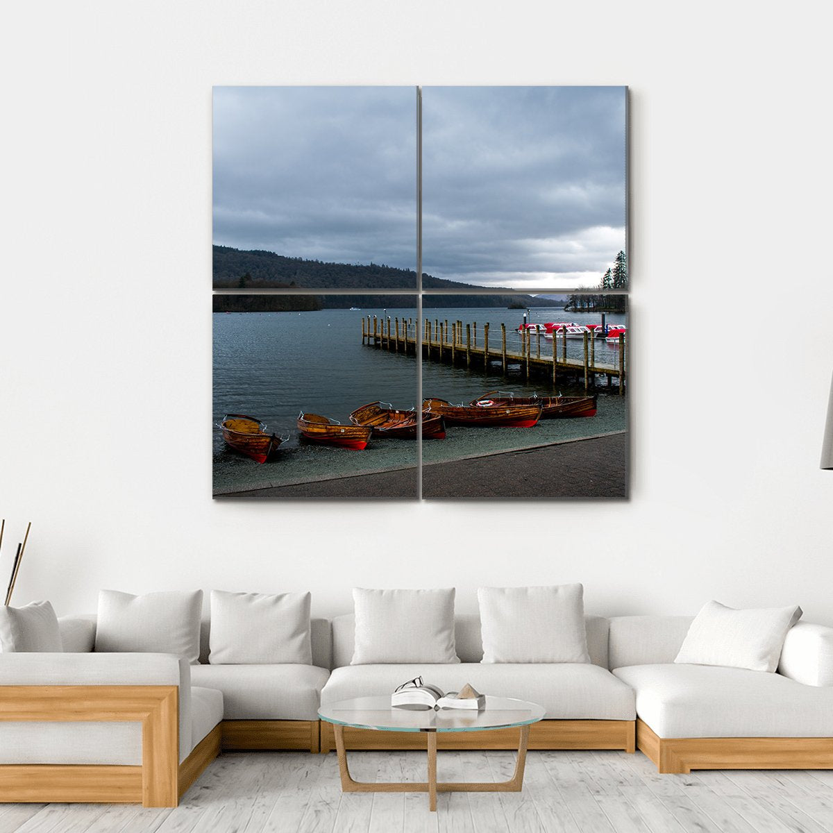 Wooden Boats In Lake District Canvas Wall Art-4 Square-Gallery Wrap-17" x 17"-Tiaracle