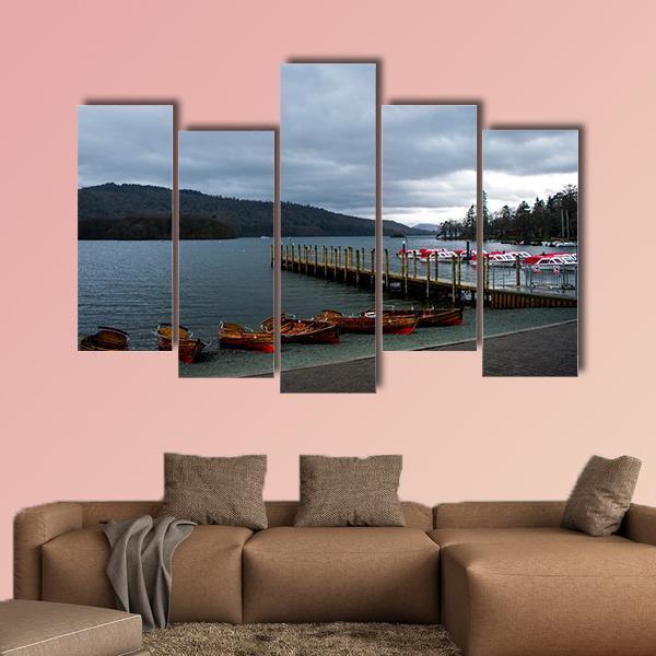 Wooden Boats In Lake District Canvas Wall Art-5 Pop-Gallery Wrap-47" x 32"-Tiaracle
