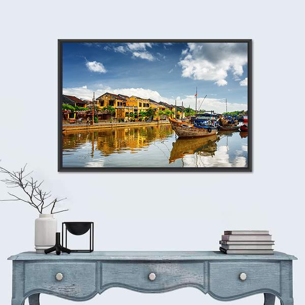 Wooden Boats On Thu Bon River Canvas Wall Art-1 Piece-Floating Frame-24" x 16"-Tiaracle