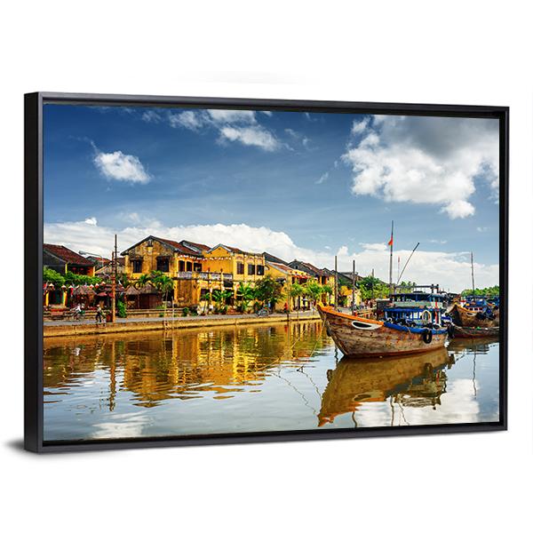 Wooden Boats On Thu Bon River Canvas Wall Art-3 Horizontal-Gallery Wrap-25" x 16"-Tiaracle
