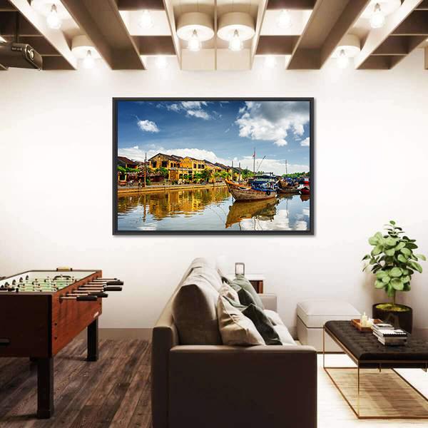 Wooden Boats On Thu Bon River Canvas Wall Art-3 Horizontal-Gallery Wrap-25" x 16"-Tiaracle