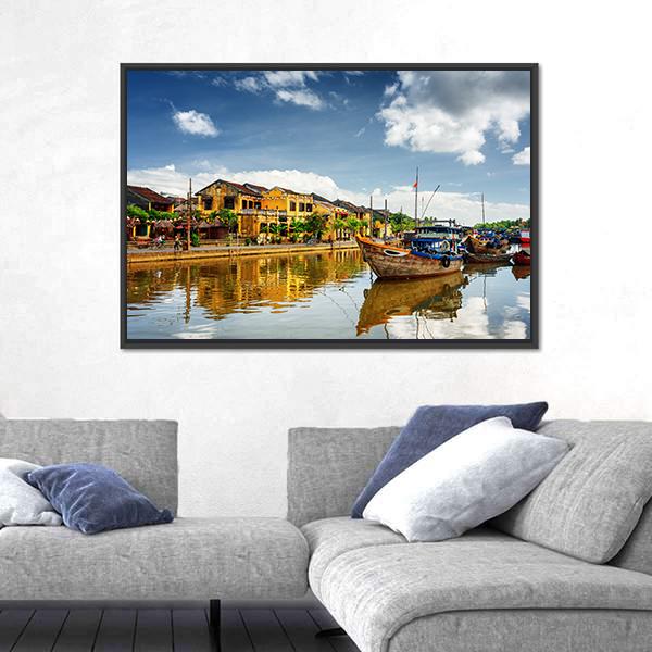 Wooden Boats On Thu Bon River Canvas Wall Art-3 Horizontal-Gallery Wrap-25" x 16"-Tiaracle