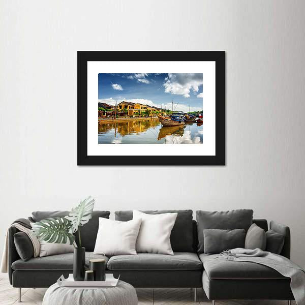 Wooden Boats On Thu Bon River Canvas Wall Art-3 Horizontal-Gallery Wrap-25" x 16"-Tiaracle