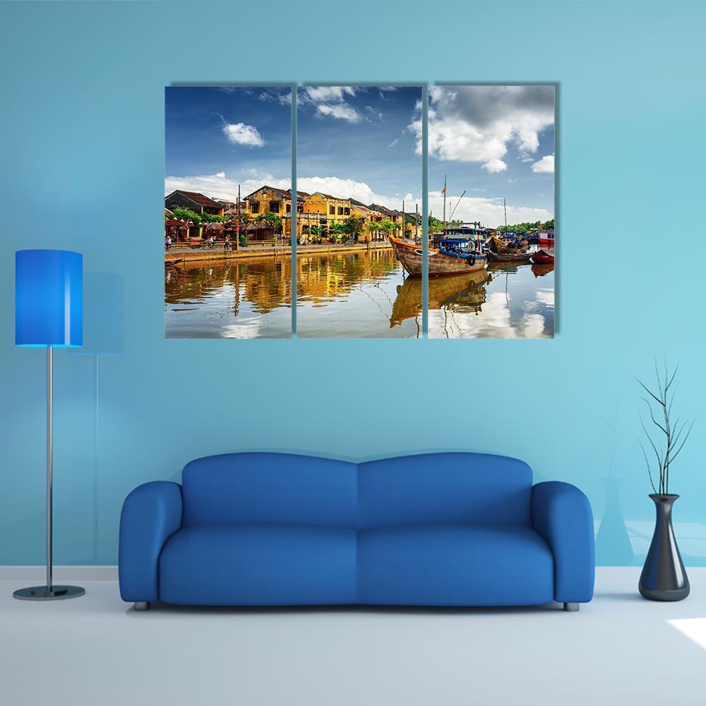 Wooden Boats On Thu Bon River Canvas Wall Art-3 Horizontal-Gallery Wrap-37" x 24"-Tiaracle